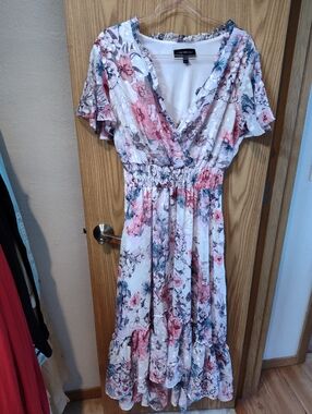 Lane Bryant White Floral Wrap-Style Midi Dress with Pink & Blue Blooms